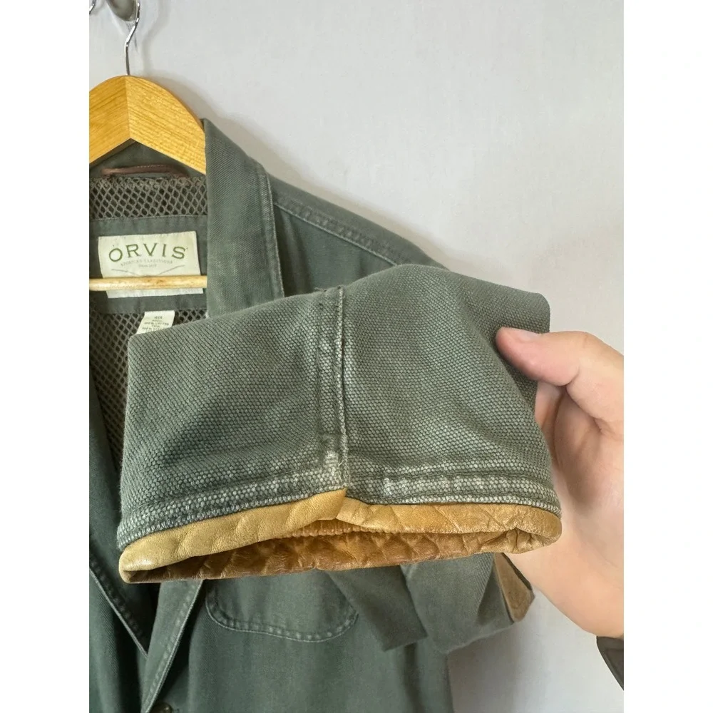 Orvis Mens Canvas Field Blazer Jacket Green Leather Trim Elbow Patches 40L